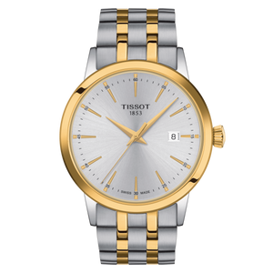 Front view of Tissot Classic Dream 42 mm silver dial two-tone bracelet
 Front view of Tissot Classic Dream 42 mm silver dial two-tone bracelet