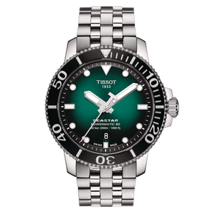 Front view: Tissot Seastar 1000 Powermatic 80 T120.407.11.091.01 with graded green‐black dial and stainless‐steel bracelet.
 Front view: Tissot Seastar 1000 Powermatic 80 T120.407.11.091.01 with graded green‐black dial and stainless‐steel bracelet.