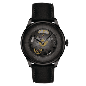 Front view: Tissot Chemin des Tourelles Skeleton 39 mm T139.836.36.441.00 with gunmetal skeleton dial and black PVD-coated steel case.
 Front view: Tissot Chemin des Tourelles Skeleton 39 mm T139.836.36.441.00 with gunmetal skeleton dial and black PVD-coated steel case.