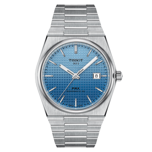 Front View: Tissot PRX Powermatic 80 40 mm with ice blue “Chameleon” dial and stainless-steel integrated bracelet.
 Front View: Tissot PRX Powermatic 80 40 mm with ice blue “Chameleon” dial and stainless-steel integrated bracelet.