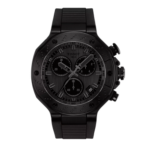 Front View: Tissot T-Race Chronograph 45 mm with dark grey dial, black PVD-coated case and black silicone strap.
 Front View: Tissot T-Race Chronograph 45 mm with dark grey dial, black PVD-coated case and black silicone strap.