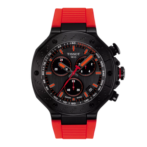 Front View: Tissot T-Race Chronograph 45 mm with dark grey dial, red silicone strap and black PVD-coated case.
 Front View: Tissot T-Race Chronograph 45 mm with dark grey dial, red silicone strap and black PVD-coated case.