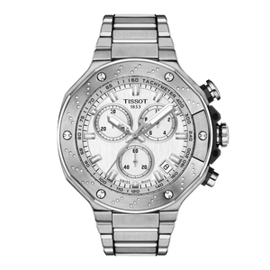 Front View: Tissot T-Race Chronograph 45 mm with silver dial and stainless-steel bracelet.
 Front View: Tissot T-Race Chronograph 45 mm with silver dial and stainless-steel bracelet.