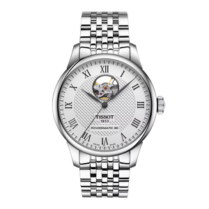 Front view: Tissot Le Locle Powermatic 80 Open Heart T006.407.11.033.02 with silver dial and open-heart aperture visible.
 Front view: Tissot Le Locle Powermatic 80 Open Heart T006.407.11.033.02 with silver dial and open-heart aperture visible.