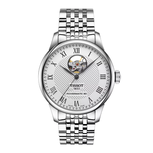 Front view: Tissot Le Locle Powermatic 80 Open Heart T006.407.11.033.02 with silver dial and open-heart aperture visible.