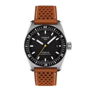 Front View: Tissot PR516 Powermatic 80 38 mm with black dial and brown leather strap – Swiss automatic sports watch.
 Front View: Tissot PR516 Powermatic 80 38 mm with black dial and brown leather strap – Swiss automatic sports watch.