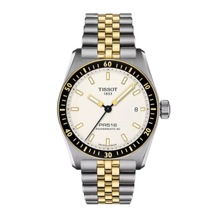 Front view: Tissot PR516 Powermatic 80 T149.407.22.011.00 with white dial and two-tone steel/yellow-gold PVD bracelet.
 Front view: Tissot PR516 Powermatic 80 T149.407.22.011.00 with white dial and two-tone steel/yellow-gold PVD bracelet.