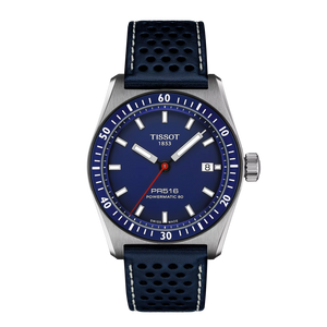 Front View: Tissot PR516 Powermatic 80 38 mm with deep blue dial and blue leather strap – Swiss automatic sport style.
 Front View: Tissot PR516 Powermatic 80 38 mm with deep blue dial and blue leather strap – Swiss automatic sport style.