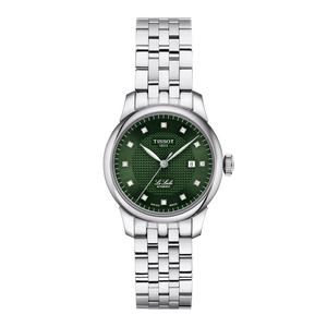Front view: Tissot Le Locle Automatic Lady T006.207.11.096.00 with green dial and diamond hour-markers, stainless-steel bracelet.
 Front view: Tissot Le Locle Automatic Lady T006.207.11.096.00 with green dial and diamond hour-markers, stainless-steel bracelet.