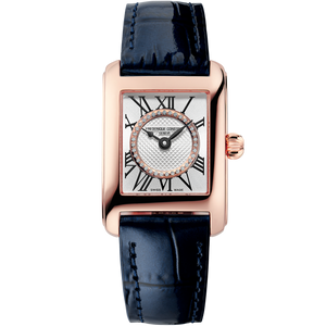 Frederique Constant Classics Carrée Ladies – 23 × 21 mm Silver Dial | Rose-Gold PVD Case & Blue Leather Strap | FC-200MCDC14 Frederique Constant Classics Carrée Ladies – 23 × 21 mm Silver Dial | Rose-Gold PVD Case & Blue Leather Strap | FC-200MCDC14