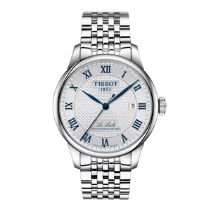 Front view: Tissot Le Locle Powermatic 80 20th Anniversary T006.407.11.033.03 with silver dial and stainless-steel bracelet.
 Front view: Tissot Le Locle Powermatic 80 20th Anniversary T006.407.11.033.03 with silver dial and stainless-steel bracelet.