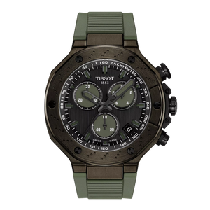 Front View: Tissot T-Race Chronograph 45 mm with dark grey dial, green silicone strap and green PVD-coated case.
 Front View: Tissot T-Race Chronograph 45 mm with dark grey dial, green silicone strap and green PVD-coated case.