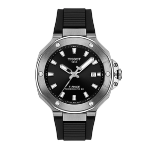 Front View: Tissot T-Race Powermatic 80 41 mm with black sunray dial and black rubber strap – Swiss automatic sports timepiece.
 Front View: Tissot T-Race Powermatic 80 41 mm with black sunray dial and black rubber strap – Swiss automatic sports timepiece.