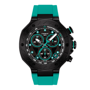Front View: Tissot T-Race Quartz Chronograph 45 mm with black dial, green silicone strap and black PVD-coated case.
 Front View: Tissot T-Race Quartz Chronograph 45 mm with black dial, green silicone strap and black PVD-coated case.