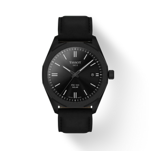 Front View: Tissot PRC 100 Solar 39 mm with black dial and black PVD case and black leather strap.
 Front View: Tissot PRC 100 Solar 39 mm with black dial and black PVD case and black leather strap.