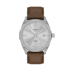 Front View: Tissot PRC 100 Solar 39 mm with silver dial and brown leather strap.
 Front View: Tissot PRC 100 Solar 39 mm with silver dial and brown leather strap.