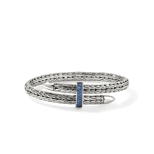 Front view of the John Hardy Spear Flex Cuff in reclaimed Sterling Silver with hand-set blue sapphires and a 5.5 mm profile [CBS9011074BSP].
