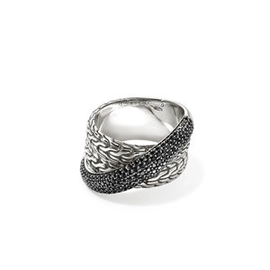 JOHN HARDY: JH Essential Pavé Crossover Ring, Sterling Silver, Gemstones (Black Sapphires), Wide | RBP987164BLS JOHN HARDY: JH Essential Pavé Crossover Ring, Sterling Silver, Gemstones (Black Sapphires), Wide | RBP987164BLS