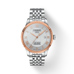 Front view of the Tissot Le Locle Gold T932.408.41.033.00 with silver textured dial, 18K rose-gold bezel and stainless-steel bracelet.