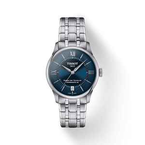 Front view: Tissot Chemin des Tourelles Powermatic 80 T139.207.11.048.00 with blue dial and stainless-steel bracelet.
 Front view: Tissot Chemin des Tourelles Powermatic 80 T139.207.11.048.00 with blue dial and stainless-steel bracelet.