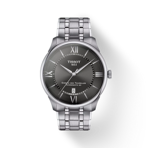 Front view: Tissot Chemin des Tourelles Powermatic 80 T139.407.11.068.00 with gunmetal sunburst dial and stainless-steel bracelet.
 Front view: Tissot Chemin des Tourelles Powermatic 80 T139.407.11.068.00 with gunmetal sunburst dial and stainless-steel bracelet.