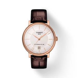 Front view: Tissot Carson Premium Powermatic 80 T122.407.36.031.00 with silver dial and brown leather strap.
 Front view: Tissot Carson Premium Powermatic 80 T122.407.36.031.00 with silver dial and brown leather strap.