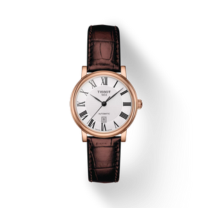 Front view: Tissot Carson Premium Automatic Lady T122.207.36.033.00 – silver dial and rose-gold PVD case, brown leather strap.
 Front view: Tissot Carson Premium Automatic Lady T122.207.36.033.00 – silver dial and rose-gold PVD case, brown leather strap.