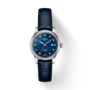 Front view: Tissot Le Locle Automatic Lady T006.207.16.046.00 with blue dial and diamond markers, on leather strap.
 Front view: Tissot Le Locle Automatic Lady T006.207.16.046.00 with blue dial and diamond markers, on leather strap.