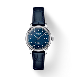 Front view: Tissot Le Locle Automatic Lady T006.207.16.046.00 with blue dial and diamond markers, on leather strap.