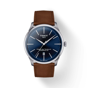 Front view: Tissot Chemin des Tourelles Powermatic 80 T139.407.16.041.00 with blue dial and brown leather strap.
 Front view: Tissot Chemin des Tourelles Powermatic 80 T139.407.16.041.00 with blue dial and brown leather strap.