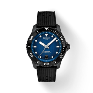 Front view: Tissot Seastar 1000 Powermatic 80 T120.807.37.041.00 with graded blue–black dial and black strap.
 Front view: Tissot Seastar 1000 Powermatic 80 T120.807.37.041.00 with graded blue–black dial and black strap.