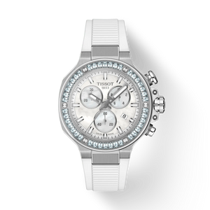 Front View: Tissot T-Race 38 mm with white mother-of-pearl dial and white synthetic strap – Swiss chronograph sports watch.
 Front View: Tissot T-Race 38 mm with white mother-of-pearl dial and white synthetic strap – Swiss chronograph sports watch.