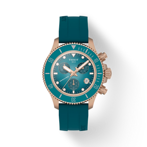 Front View: Tissot Seastar 1000 Chronograph 38 mm with graded turquoise-black dial, rose-gold PVD case and turquoise silicone strap.
 Front View: Tissot Seastar 1000 Chronograph 38 mm with graded turquoise-black dial, rose-gold PVD case and turquoise silicone strap.