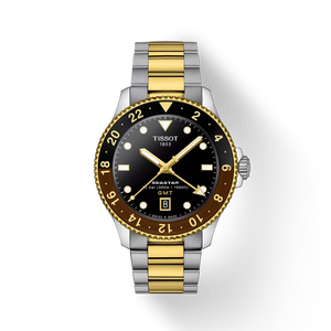 Front View: Tissot Seastar 1000 GMT 40 mm with black dial and yellow-gold PVD case and two-tone bracelet.
 Front View: Tissot Seastar 1000 GMT 40 mm with black dial and yellow-gold PVD case and two-tone bracelet.