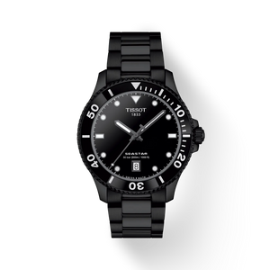 Front View: Tissot Seastar 1000 Quartz 40 mm with black dial and black PVD-coated case and bracelet.
 Front View: Tissot Seastar 1000 Quartz 40 mm with black dial and black PVD-coated case and bracelet.