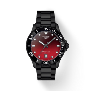 Front View: Tissot Seastar 1000 Quartz 40 mm with graded red-to-black dial and black PVD-coated case & bracelet.
 Front View: Tissot Seastar 1000 Quartz 40 mm with graded red-to-black dial and black PVD-coated case & bracelet.