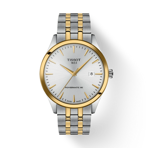 Front View: Tissot Classic Dream 40 mm with silver dial and two-tone stainless-steel and yellow-gold PVD finish.
 Front View: Tissot Classic Dream 40 mm with silver dial and two-tone stainless-steel and yellow-gold PVD finish.