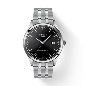 Front View: Tissot Classic Dream 40 mm with black dial and stainless-steel case & bracelet.
 Front View: Tissot Classic Dream 40 mm with black dial and stainless-steel case & bracelet.