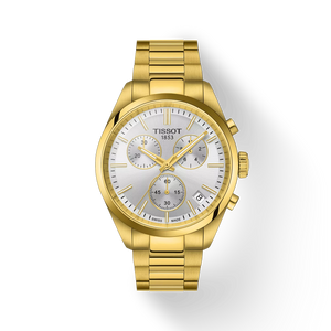 Front View: Tissot PR 100 Chronograph 40 mm with bold full yellow-gold PVD case & bracelet.
 Front View: Tissot PR 100 Chronograph 40 mm with bold full yellow-gold PVD case & bracelet.