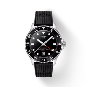 Front View: Tissot Seastar 1000 GMT 40 mm with black dial and stainless-steel case and black rubber strap.
 Front View: Tissot Seastar 1000 GMT 40 mm with black dial and stainless-steel case and black rubber strap.