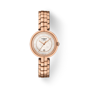 Front View: Tissot Flamingo 30 mm with white mother-of-pearl dial and rose-gold PVD case & bracelet.
 Front View: Tissot Flamingo 30 mm with white mother-of-pearl dial and rose-gold PVD case & bracelet.