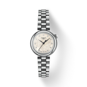 Tissot Desir 28 mm front view with white mother-of-pearl dial and stainless steel bracelet
 Tissot Desir 28 mm front view with white mother-of-pearl dial and stainless steel bracelet