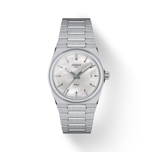 Front view showing Tissot PRX 35 mm white mother-of-pearl dial and stainless steel bracelet
 Front view showing Tissot PRX 35 mm white mother-of-pearl dial and stainless steel bracelet