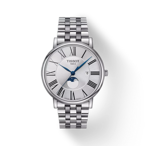 Front view of Tissot Carson Premium Gent Moonphase 40 mm silver dial stainless steel bracelet
 Front view of Tissot Carson Premium Gent Moonphase 40 mm silver dial stainless steel bracelet