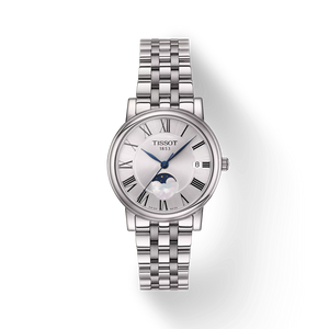 Front view of Tissot Carson Premium Moonphase 32 mm silver dial stainless-steel bracelet
 Front view of Tissot Carson Premium Moonphase 32 mm silver dial stainless-steel bracelet