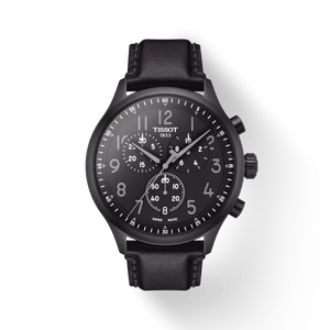 Front view of Tissot Chrono XL Vintage 45 mm black dial black PVD case black leather strap
 Front view of Tissot Chrono XL Vintage 45 mm black dial black PVD case black leather strap