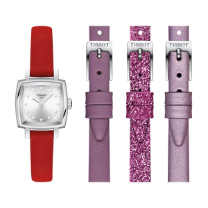 Front view of Tissot Lovely Square Valentines 20×20 mm silver dial on red leather strap with 3 other straps included Front view of Tissot Lovely Square Valentines 20×20 mm silver dial on red leather strap with 3 other straps included