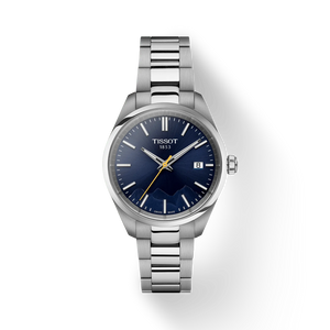 Tissot PR 100 Jungfraubahn 34 mm Blue Dial Stainless Steel Bracelet Front view – stainless steel case & bracelet with blue dial
 Tissot PR 100 Jungfraubahn 34 mm Blue Dial Stainless Steel Bracelet Front view – stainless steel case & bracelet with blue dial