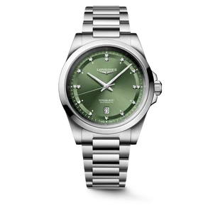 “Longines Conquest 41 mm green sun-ray dial front view on stainless steel bracelet.”