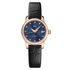 Mido Baroncelli Lady Twenty Five 25 mm Blue Diamond Dial – Rose-Gold PVD & Black Leather [M039.007.36.046.00]